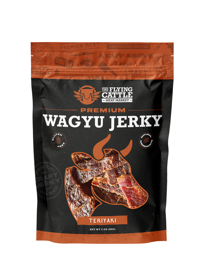 A 3 oz bag of The Flying Cattle Premium Wagyu Jerky, Teriyaki flavor. The packaging is black with orange accents and features a graphic of sliced wagyu jerky.